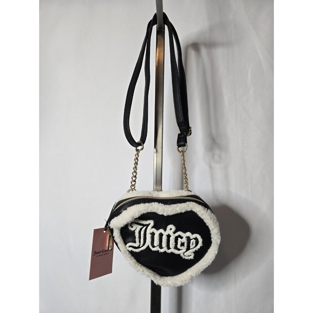 Juicy Couture Licorice Shear Genius Crossbody Black Heart White Faux Fur NWT